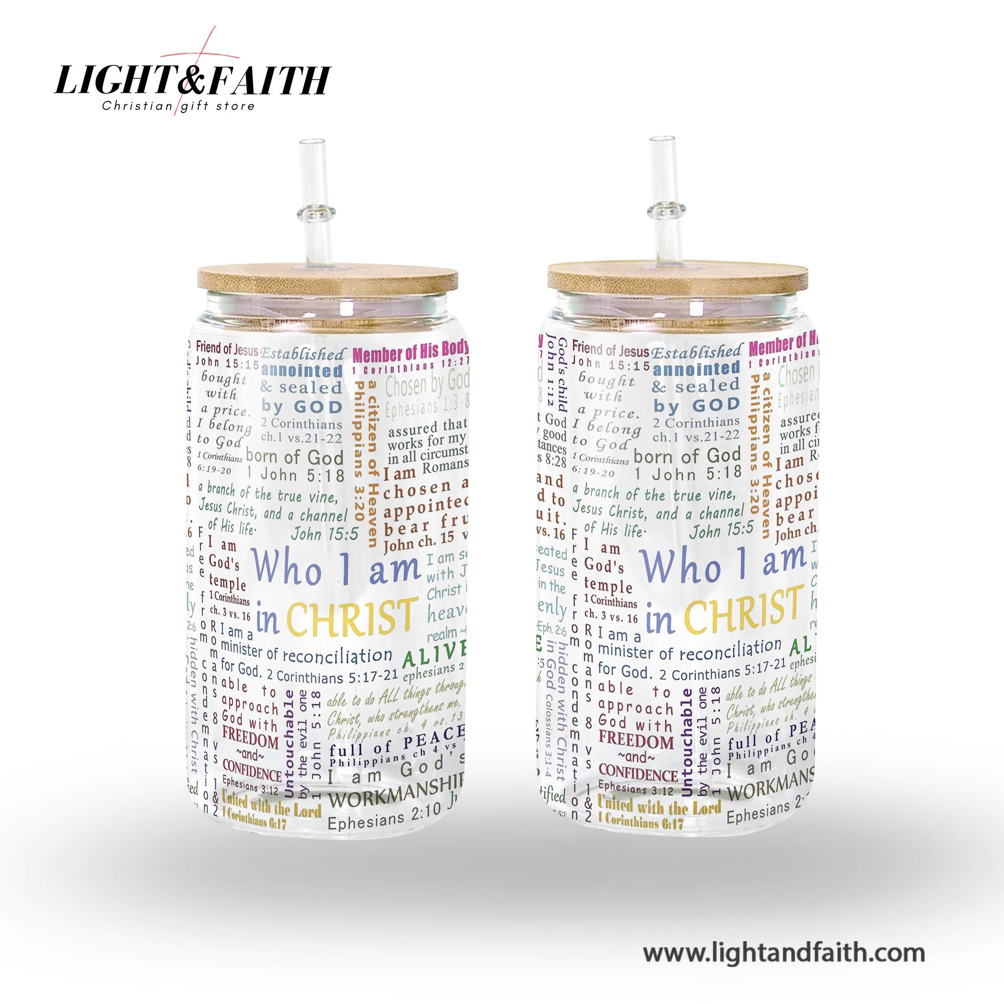 Christian Clear Glass Can with Bamboo Lid and Straw, Who I Am In Christ Bible Verse Cup, Scripture Affirmation Iced Coffee Tumbler GCLAF32
